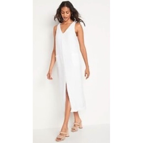 Old Navy Women’s Sleeveless Maxi Column Shift Linen V-Neck Dress size S White - Picture 1 of 8